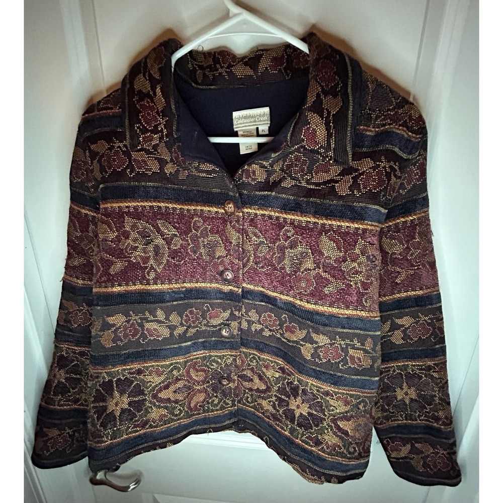 Vintage 90's Coldwater Creek Boho Woven Floral Tapestry Button Down Jacket